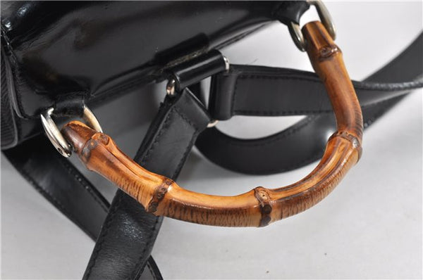 Authentic GUCCI Vintage Bamboo Backpack Purse Nylon Enamel Black 1230G