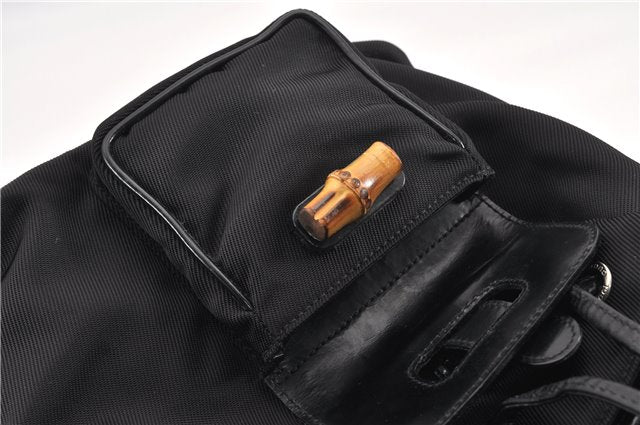 Authentic GUCCI Vintage Bamboo Backpack Purse Nylon Enamel Black 1230G