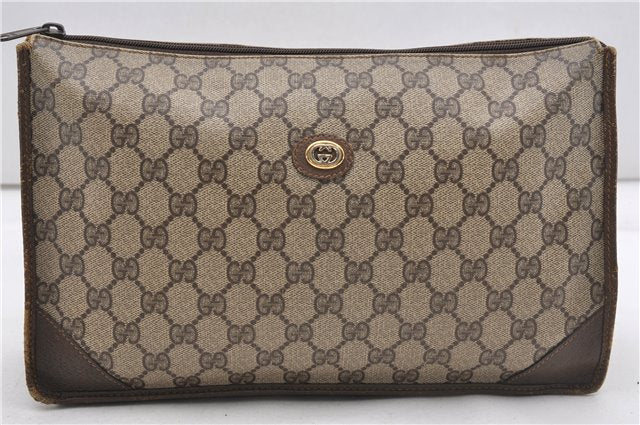 Authentic GUCCI Vintage Clutch Hand Bag Purse GG PVC Leather Brown 1233G