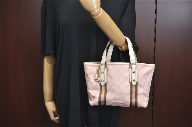 Authentic GUCCI Sherry Line Hand Tote Bag GG Canvas Leather 139261 Pink 1235D