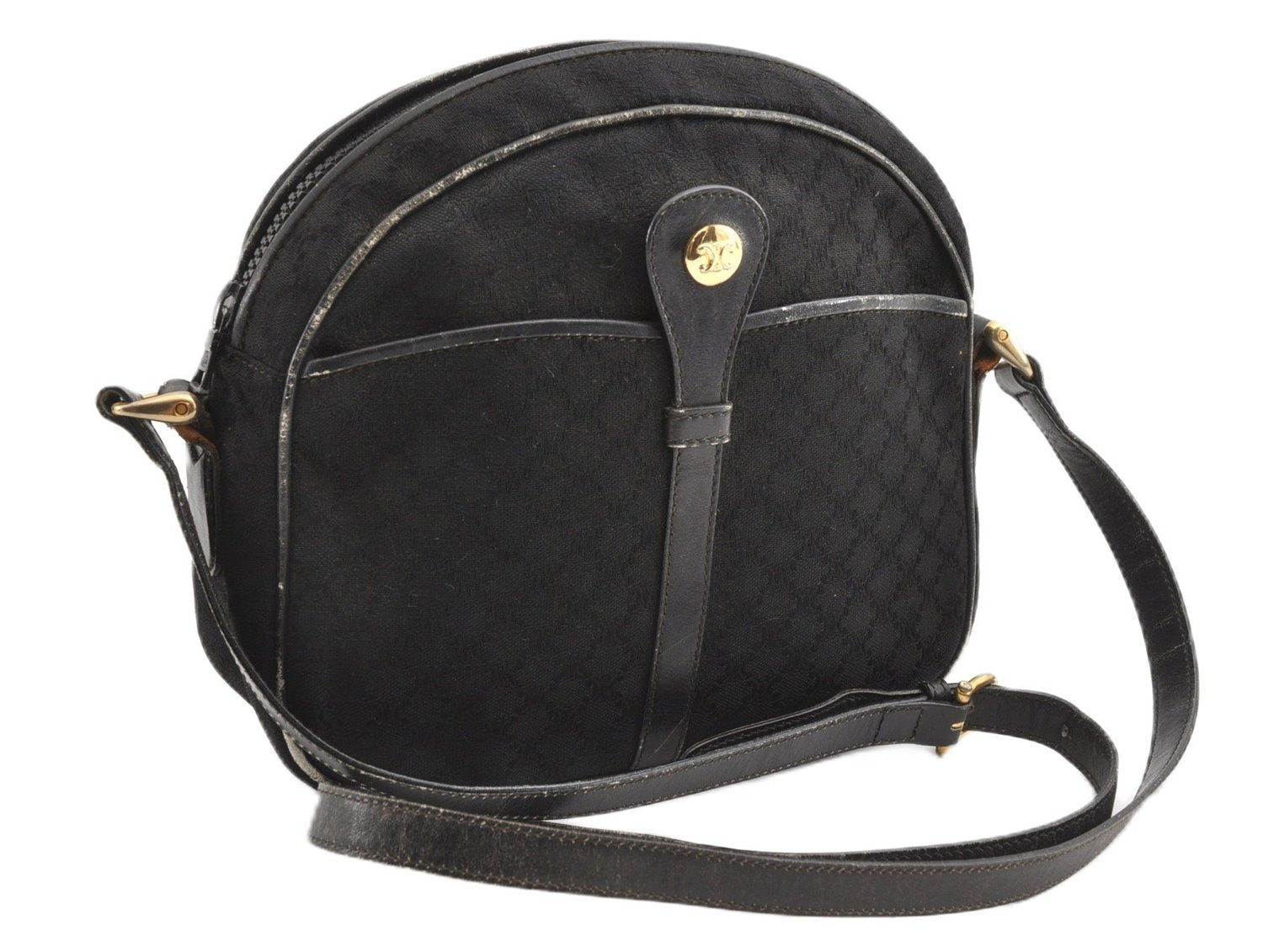 Authentic CELINE Macadam Blason Shoulder Cross Bag Canvas Leather Black 1236G