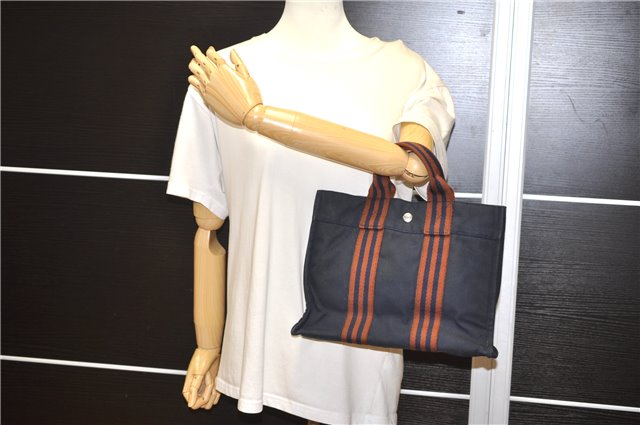 Authentic HERMES Fourre Tout PM Hand Tote Bag Canvas Navy 1238G