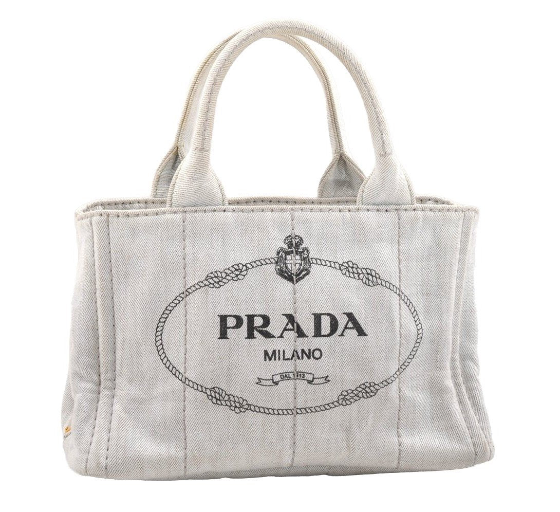 Authentic PRADA Vintage Canapa SS Denim 2Way Shoulder Hand Bag Purse White 1242I