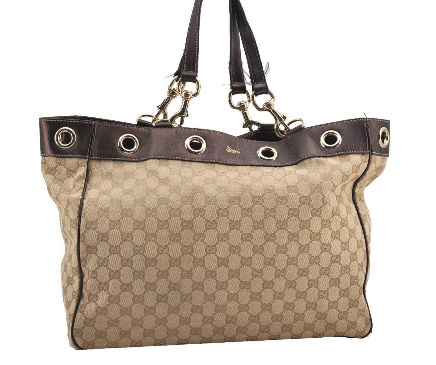 Authentic GUCCI Positano Shoulder Tote Bag GG Canvas Leather 153033 Beige 1244G