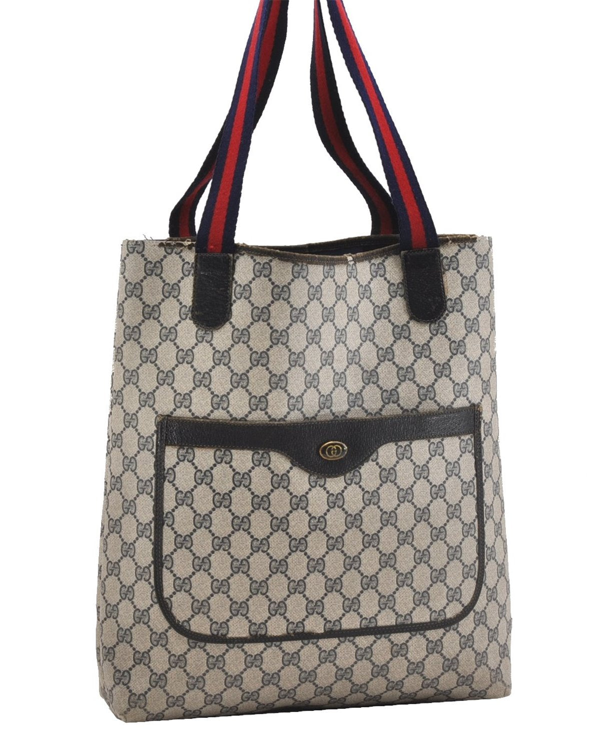 Authentic GUCCI Sherry Line Shoulder Tote Bag GG PVC Leather Navy Blue 1250G