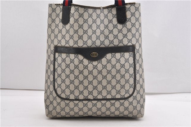 Authentic GUCCI Sherry Line Shoulder Tote Bag GG PVC Leather Navy Blue 1250G