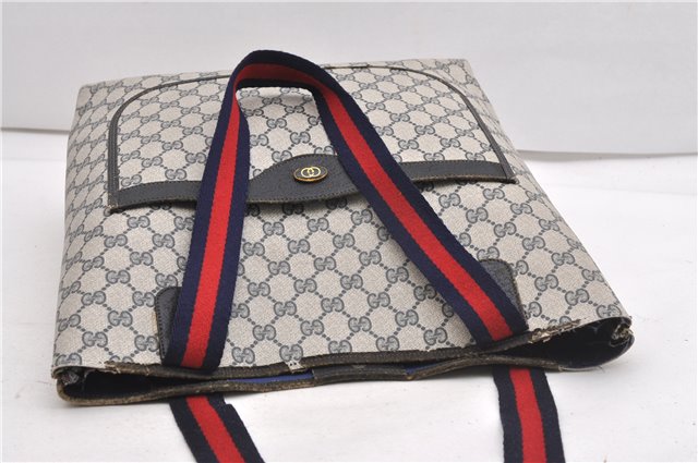 Authentic GUCCI Sherry Line Shoulder Tote Bag GG PVC Leather Navy Blue 1250G