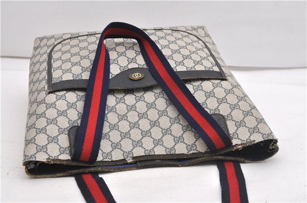 Authentic GUCCI Sherry Line Shoulder Tote Bag GG PVC Leather Navy Blue 1250G