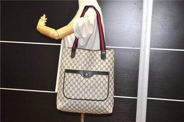 Authentic GUCCI Sherry Line Shoulder Tote Bag GG PVC Leather Navy Blue 1250G