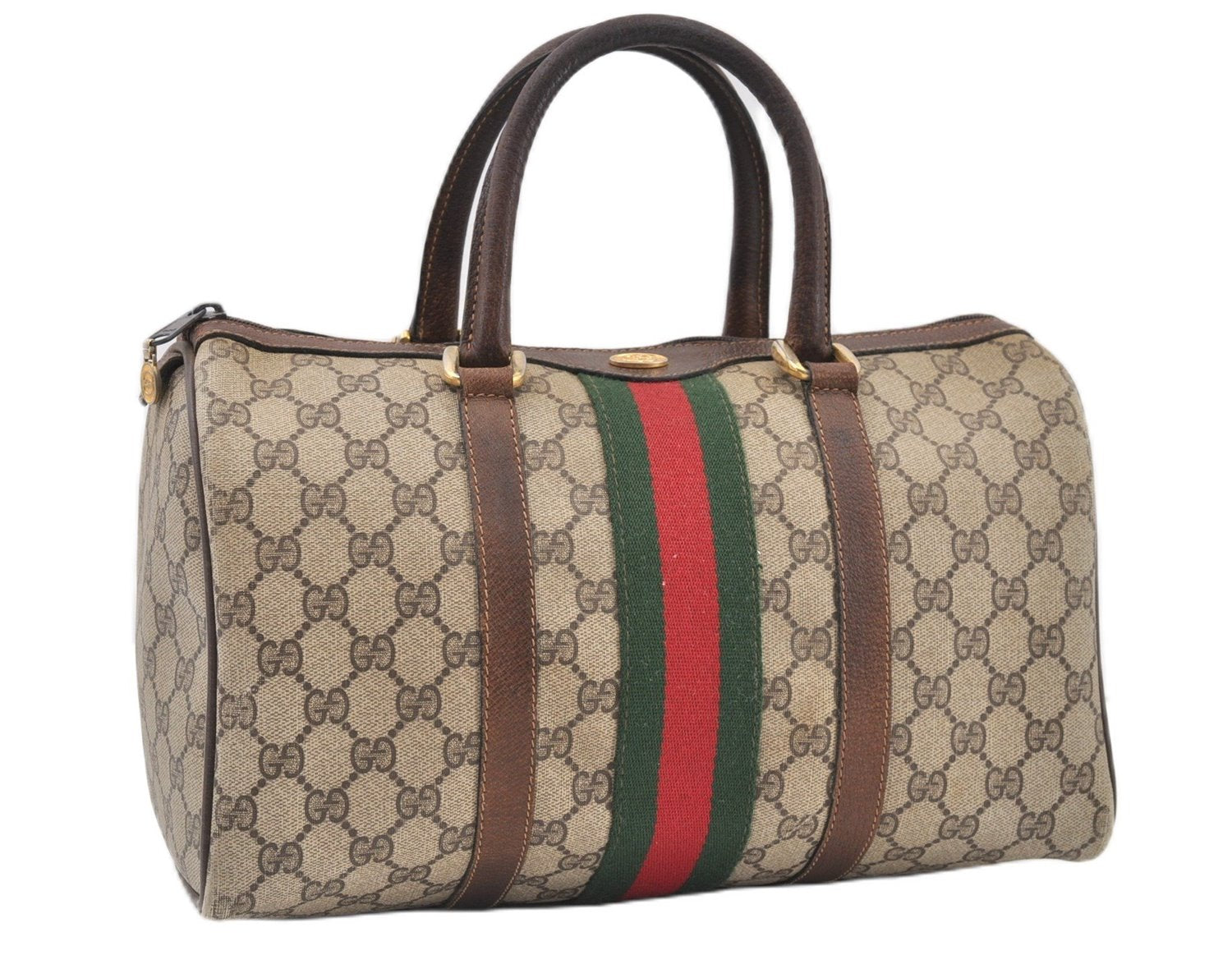 Authentic GUCCI Web Sherry Line Hand Boston Bag GG PVC Leather Brown 1251G