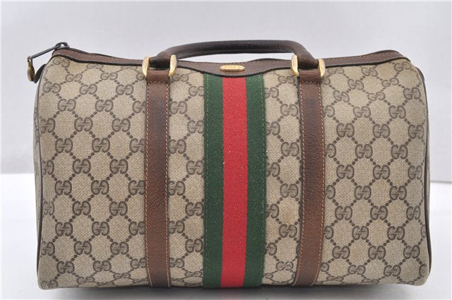 Authentic GUCCI Web Sherry Line Hand Boston Bag GG PVC Leather Brown 1251G