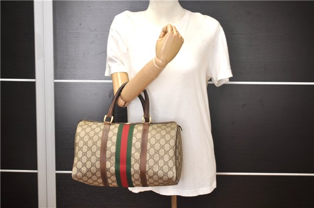 Authentic GUCCI Web Sherry Line Hand Boston Bag GG PVC Leather Brown 1251G