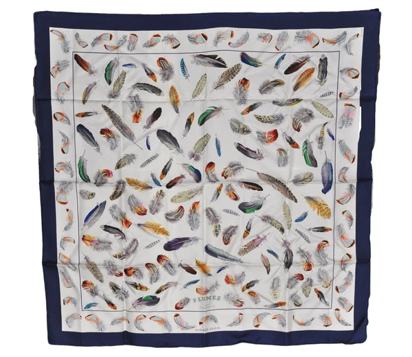 Authentic HERMES Carre 90 Scarf "PLUMES" Silk Navy 1253F