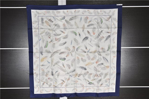 Authentic HERMES Carre 90 Scarf "PLUMES" Silk Navy 1253F