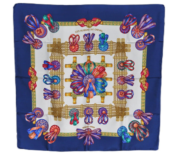 Authentic HERMES Carre 90 Scarf "LES RUBANS DU CHEVAL" Silk Blue Box 1255F