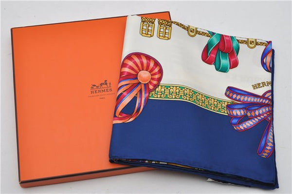 Authentic HERMES Carre 90 Scarf "LES RUBANS DU CHEVAL" Silk Blue Box 1255F