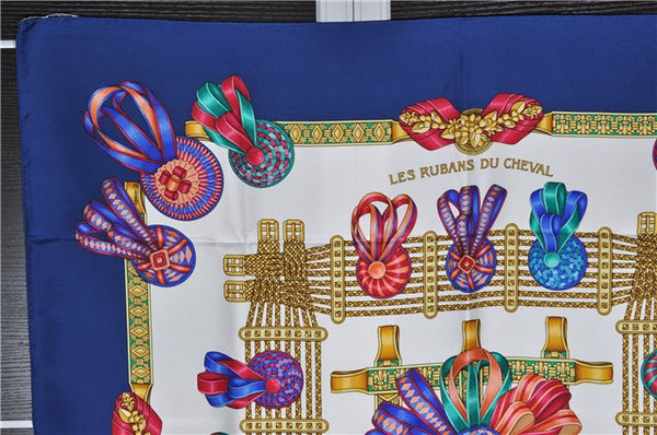 Authentic HERMES Carre 90 Scarf "LES RUBANS DU CHEVAL" Silk Blue Box 1255F