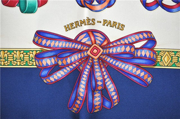 Authentic HERMES Carre 90 Scarf "LES RUBANS DU CHEVAL" Silk Blue Box 1255F