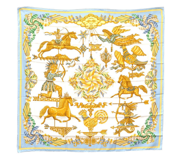 Authentic HERMES Carre 90 Scarf "LES GIROUETTES" Silk Blue 1268C