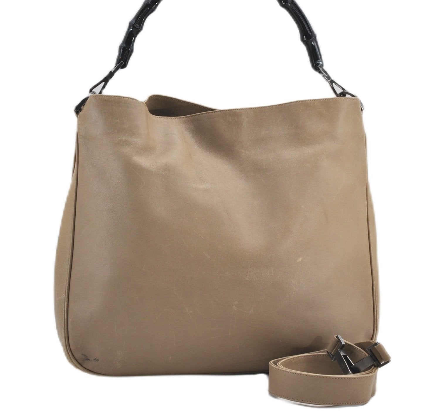 Authentic GUCCI Bamboo 2Way Shoulder Hand Bag Leather 0011577 Beige 1280G
