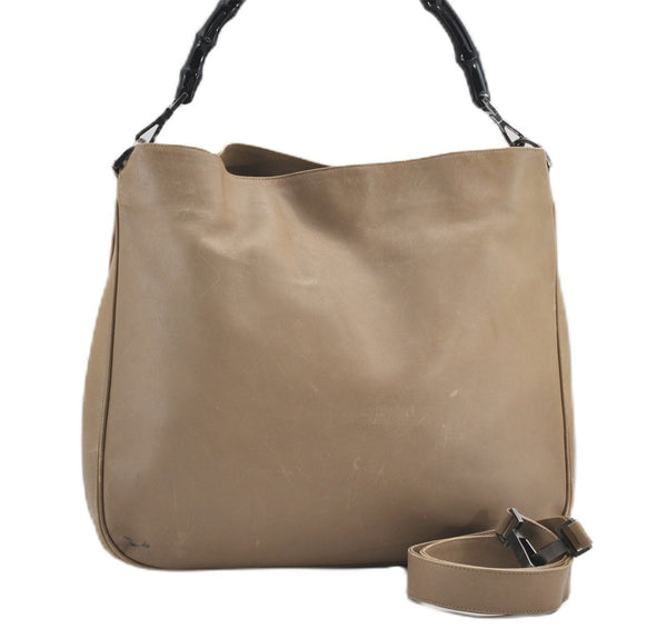 Authentic GUCCI Bamboo 2Way Shoulder Hand Bag Leather 0011577 Beige 1280G