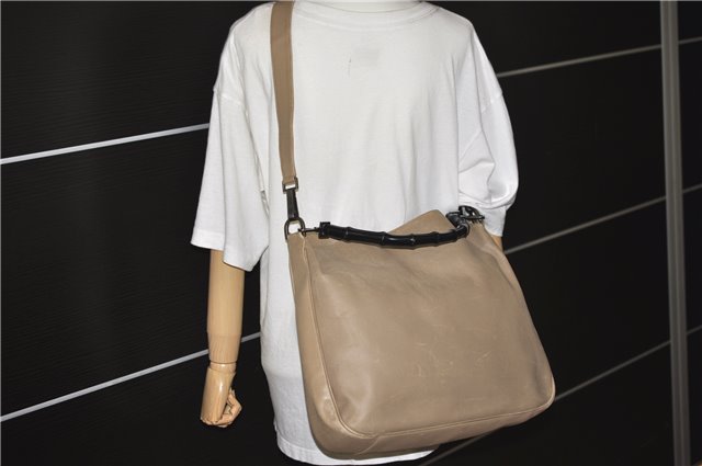 Authentic GUCCI Bamboo 2Way Shoulder Hand Bag Leather 0011577 Beige 1280G