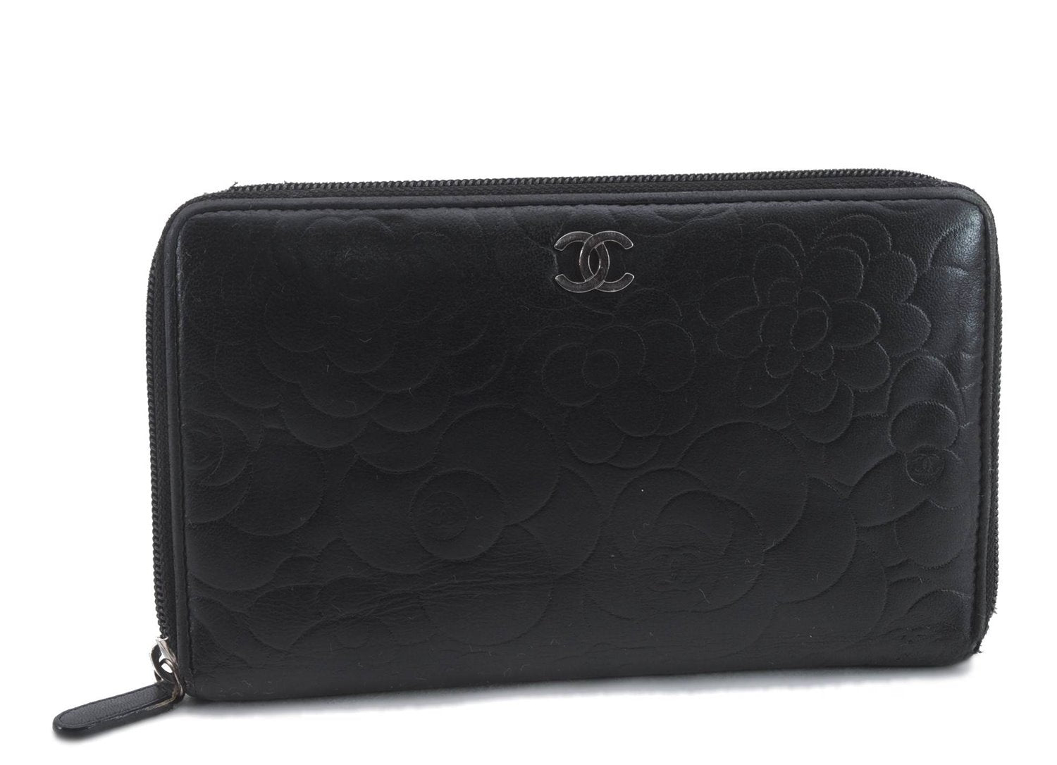 Authentic CHANEL Camellia Calf Skin Round Zip Long Wallet Purse Black 1281D