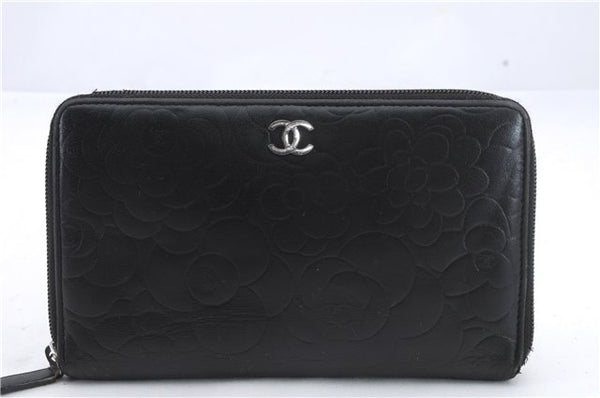 Authentic CHANEL Camellia Calf Skin Round Zip Long Wallet Purse Black 1281D