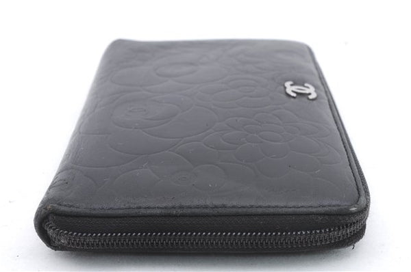 Authentic CHANEL Camellia Calf Skin Round Zip Long Wallet Purse Black 1281D