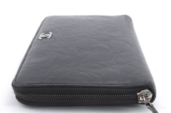 Authentic CHANEL Camellia Calf Skin Round Zip Long Wallet Purse Black 1281D