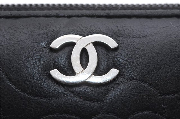 Authentic CHANEL Camellia Calf Skin Round Zip Long Wallet Purse Black 1281D