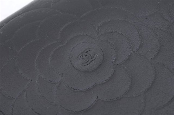 Authentic CHANEL Camellia Calf Skin Round Zip Long Wallet Purse Black 1281D