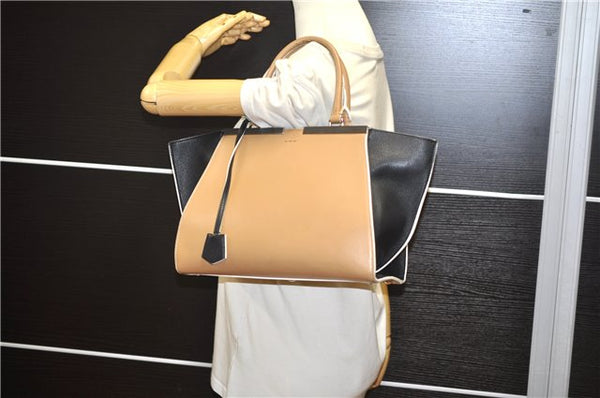 Authentic FENDI 3JOURS Leather 2Way Shoulder Hand Bag Beige Black 1282G