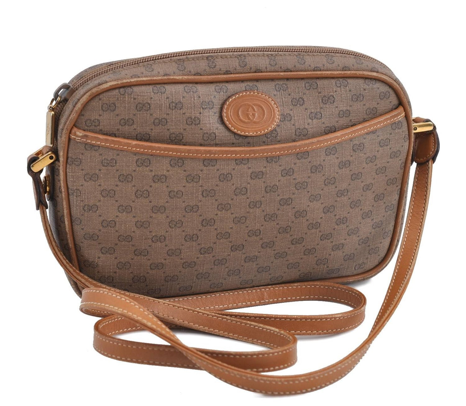 Authentic GUCCI Micro GG PVC Leather Shoulder Cross Body Bag Brown 1291D