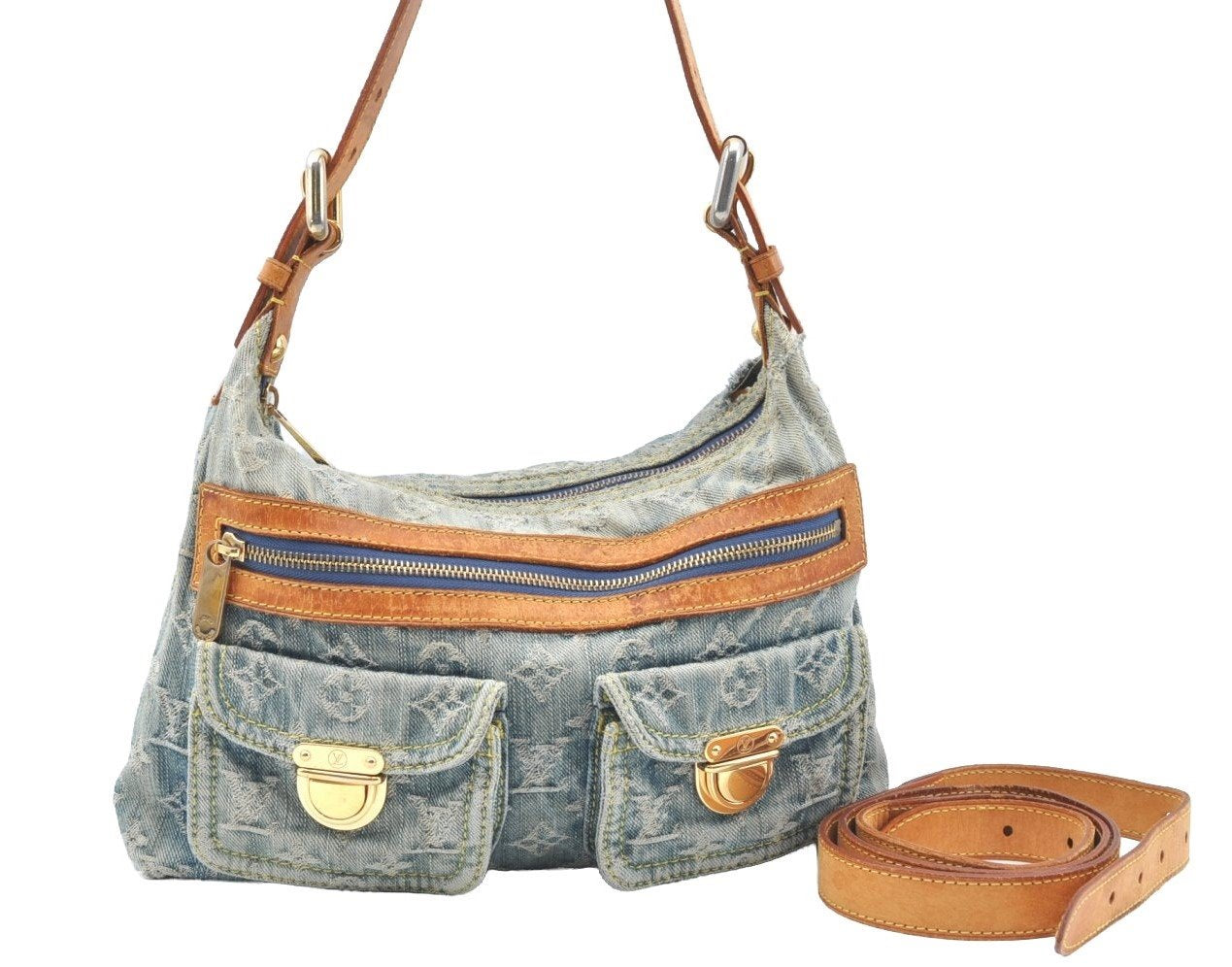 Auth Louis Vuitton Monogram Denim Baggy PM 2Way Shoulder Bag M95049 Blue 1291H