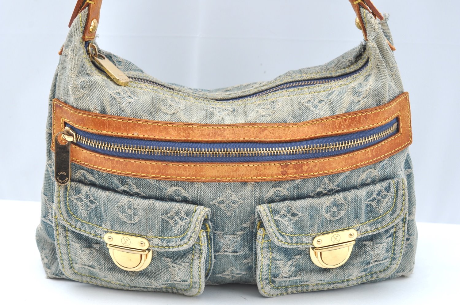 Auth Louis Vuitton Monogram Denim Baggy PM 2Way Shoulder Bag M95049 Blue 1291H