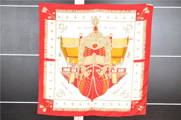 Authentic HERMES Carre 90 Scarf "VUE DU CARROSSE DE LA GALERE LA" Silk Red 1292G