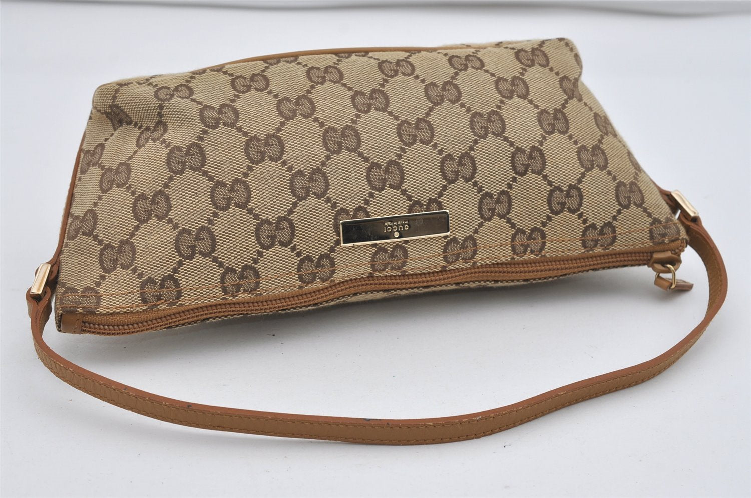 Authentic GUCCI Vintage Hand Bag Pouch Purse GG Canvas Leather 07198 Brown 1299I