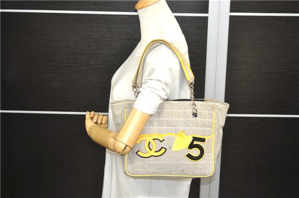 Authentic CHANEL Chocolate Bar No5 Canvas CC Logo Shoulder Hand Bag Gray 1305D