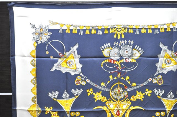 Authentic HERMES Carre 90 Scarf "PARURES DES SABLES" Silk Navy Box 1309D