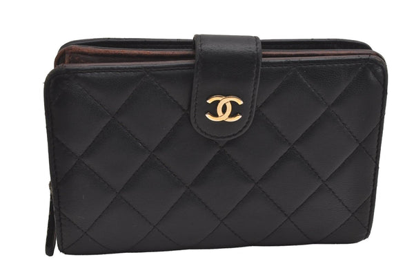 Authentic CHANEL Lamb Skin Matelasse Vintage Bifold Wallet Purse Black CC 1309I