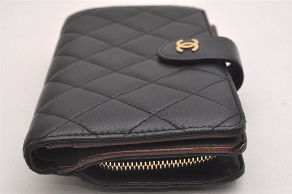 Authentic CHANEL Lamb Skin Matelasse Vintage Bifold Wallet Purse Black CC 1309I