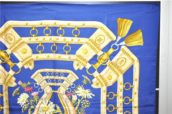 Authentic HERMES Carre 90 Scarf "aux champs" Silk Blue Box 1310D