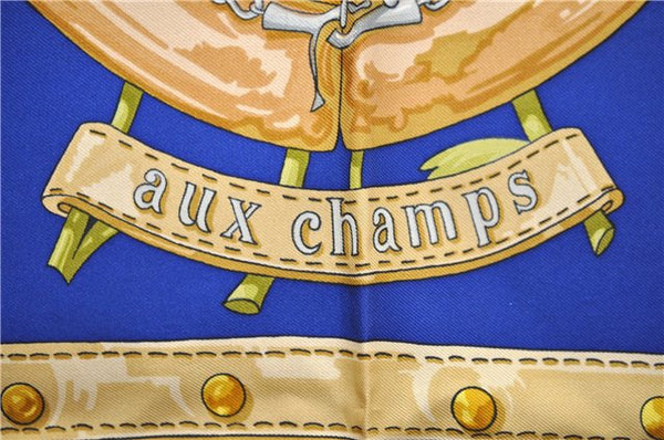 Authentic HERMES Carre 90 Scarf "aux champs" Silk Blue Box 1310D