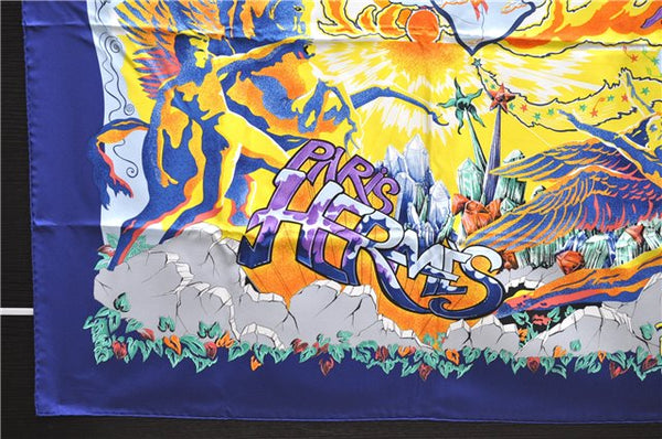 Authentic HERMES Carre 90 Scarf "LIBRE COMME L'ANGE" Silk Navy Box 1311D