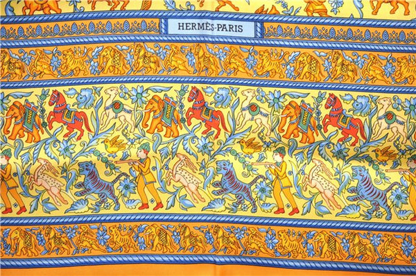 Authentic HERMES Carre 90 Scarf "CHASSE EN INDE" Silk Orange 1312E