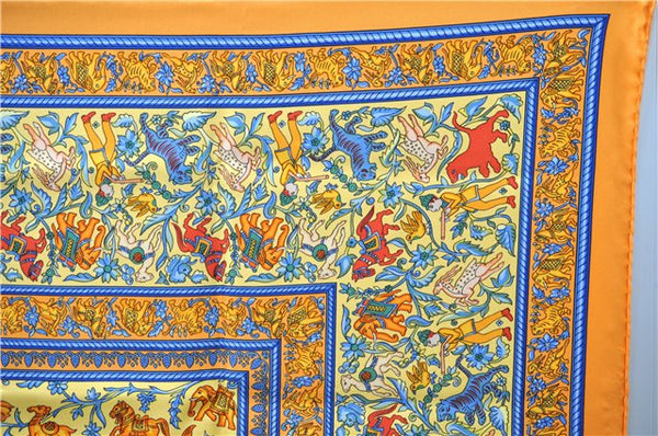 Authentic HERMES Carre 90 Scarf "CHASSE EN INDE" Silk Orange 1312E