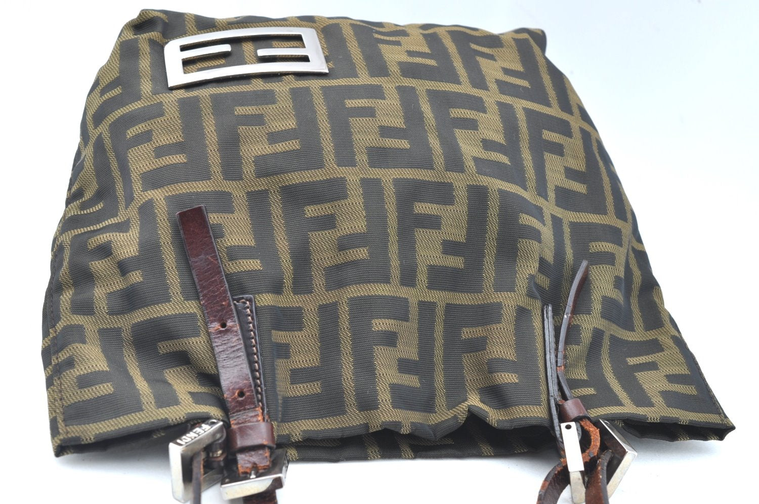 Authentic FENDI Vintage Zucca Shoulder Hand Bag Purse Nylon Leather Brown 1312H