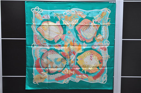 Authentic HERMES Carre 90 Scarf "Grands Fonds" Silk Green Box 1315D