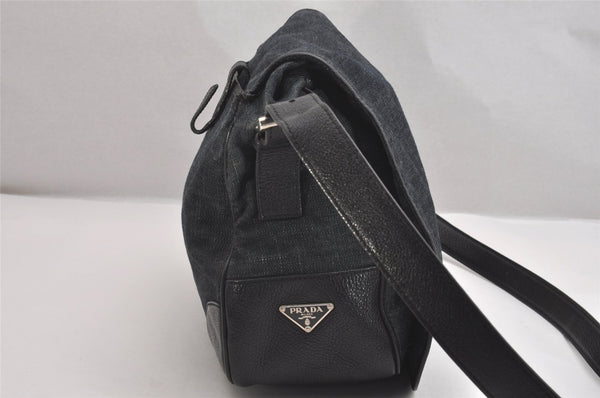 Authentic PRADA Denim Nappa Leather Shoulder Cross Body Bag Navy Blue 1316I